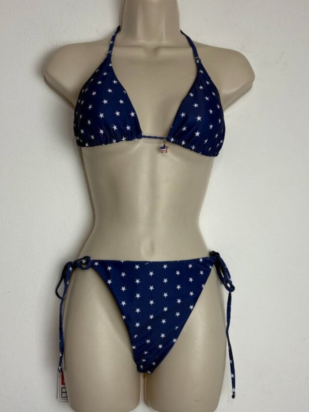 NWT Bikini Bliss Women's Swimwear Large Star Print Tie-Side Navy Blue Retro Vibe